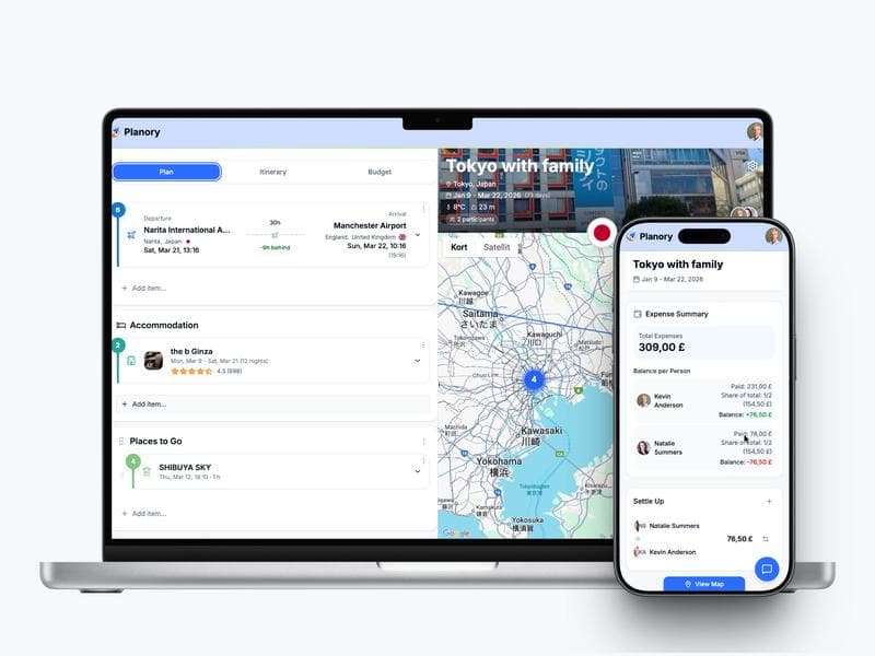 Planory dashboard showing trip planning interface